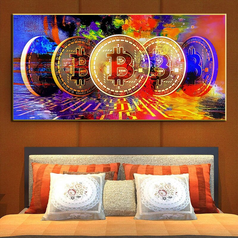 Modern Colorful Bitcoin Oil Painting On Canvas