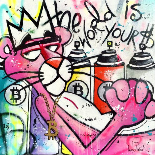 Bitcoin-Leinwand, die den Boss Pink Panther malt