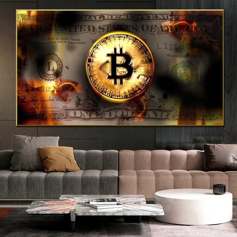 Burning Bitcoin Canvas Painting Wall Art