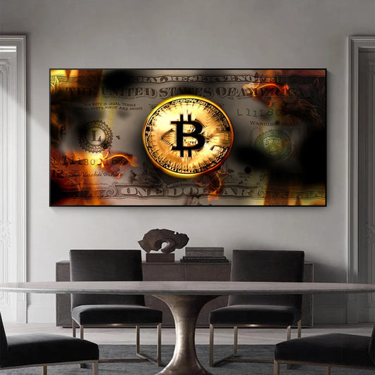 Bitcoin-Leinwandmalerei brennender Dollar