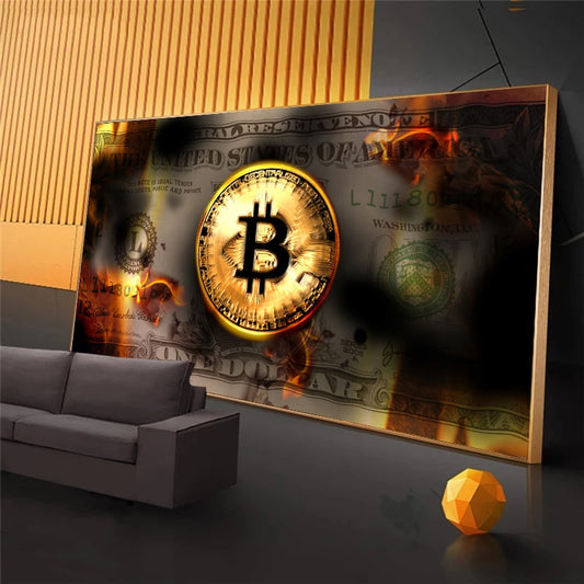 Bitcoin-Leinwandmalerei brennender Dollar