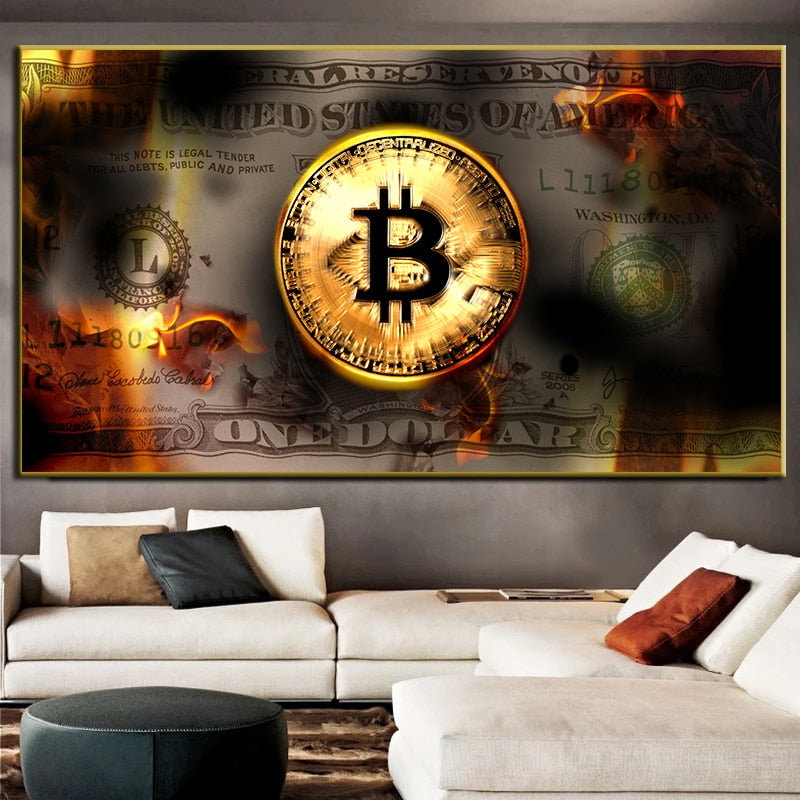 Burning Bitcoin Canvas Painting Wall Art