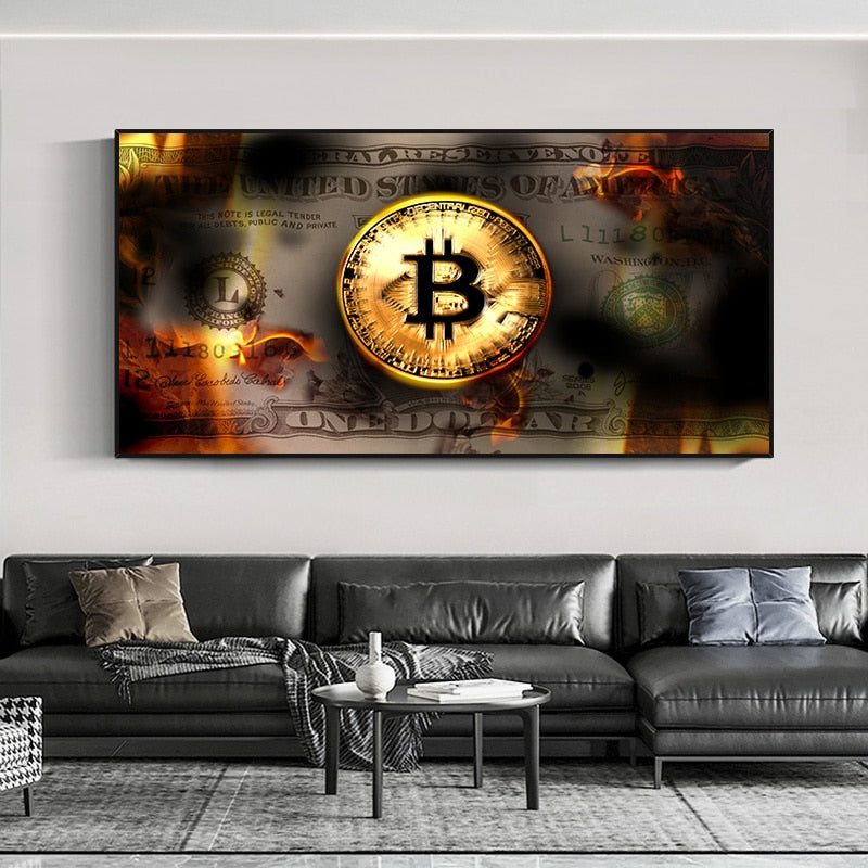 Bitcoin canvas painting  burning  dollar