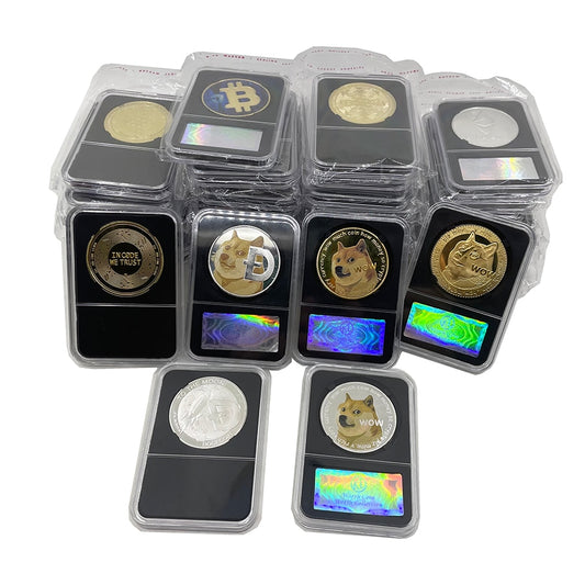 Bitcoin Altmünzen vergoldet und versilbert mit Acrylgehäuse
