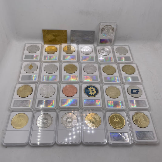 25 pcs Bitcoin, Ethereum, Litecoin, Dash, Ripple, Monero, EOS, Dogecoin, Cardano, silver and gold plated with case