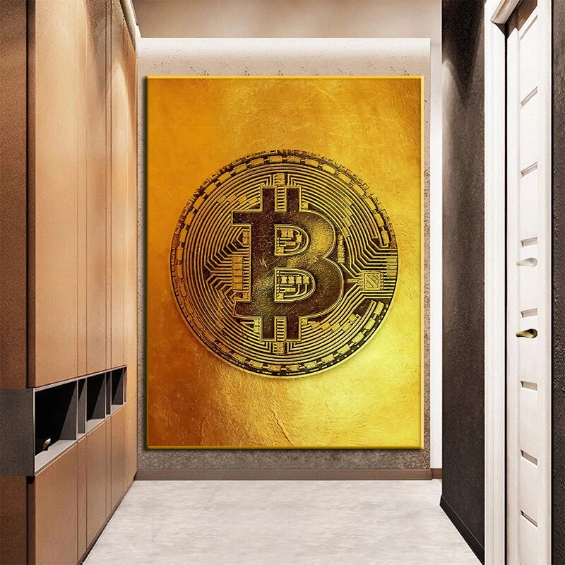 Goldene Bitcoin-Gemälde auf Leinwand