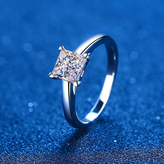 Princess cut excellent moissanite diamond  Ring 1ct 2ct D color VVS1 Platinum plated silver.