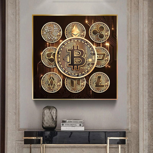 Bitcoin Golden Digital Canvas Poster Wall Art Paintings
