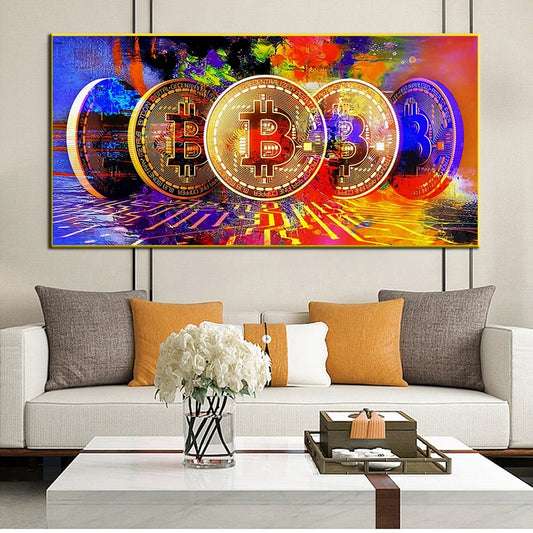 Modern Colorful Bitcoin Oil Painting On Canvas