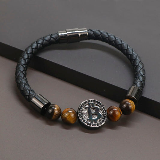 Bitcoin Luxury Leather Bracelets  Natural Tiger Eye Stone